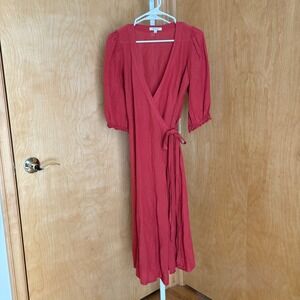 Madewell Red Linen Blend Wrap Midi Dress Puff Sleeve Tie Waist XS